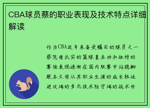 CBA球员蔡的职业表现及技术特点详细解读